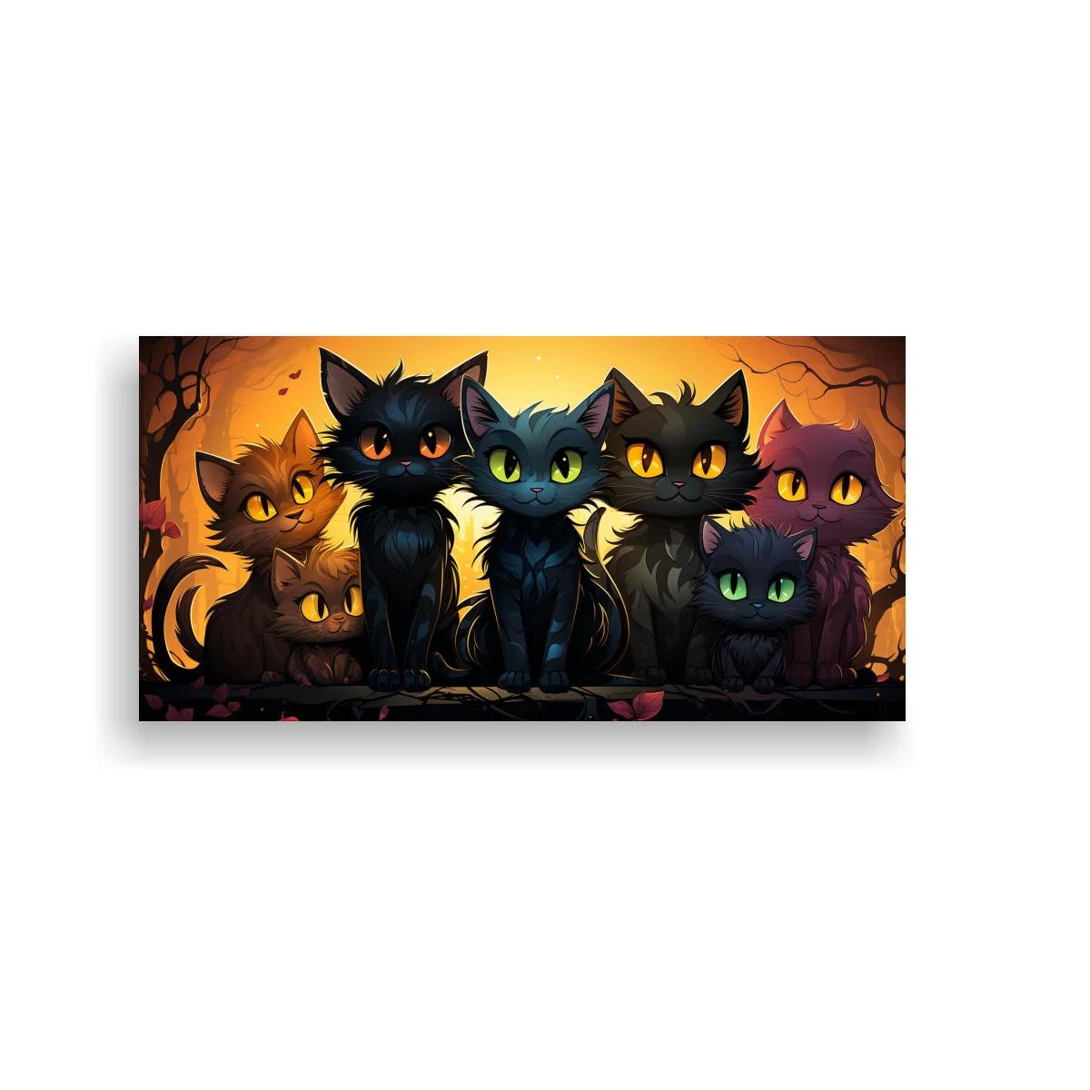 Cuadro grupo de gatos negros con fondo cálido de bosque sombrío