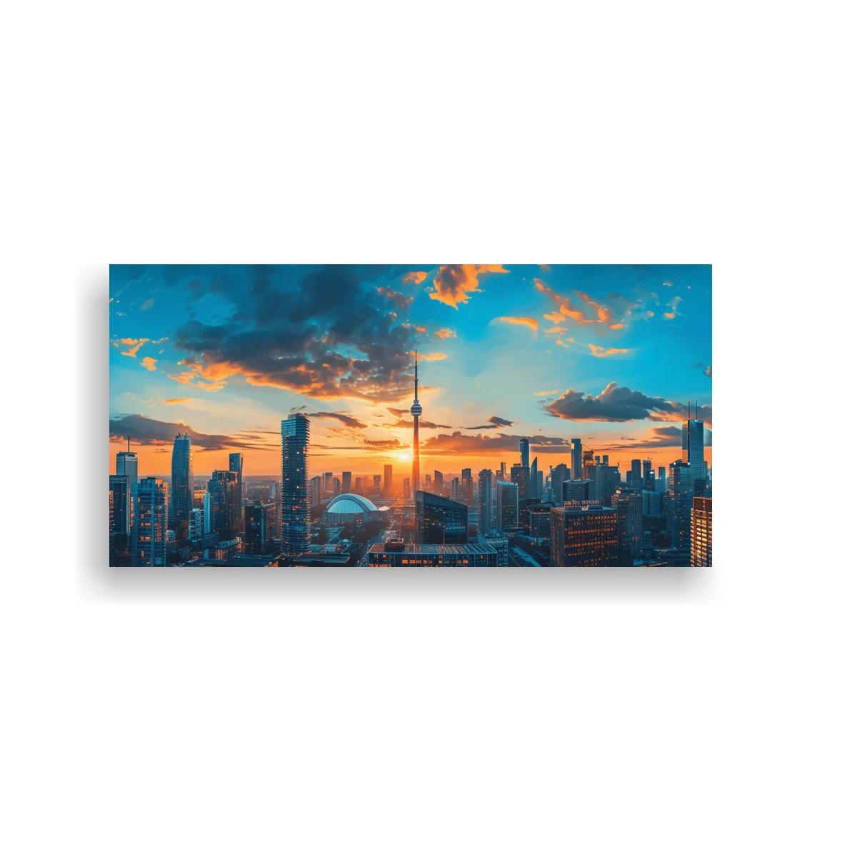 Cuadro skyline urbano al atardecer con cielo dramático