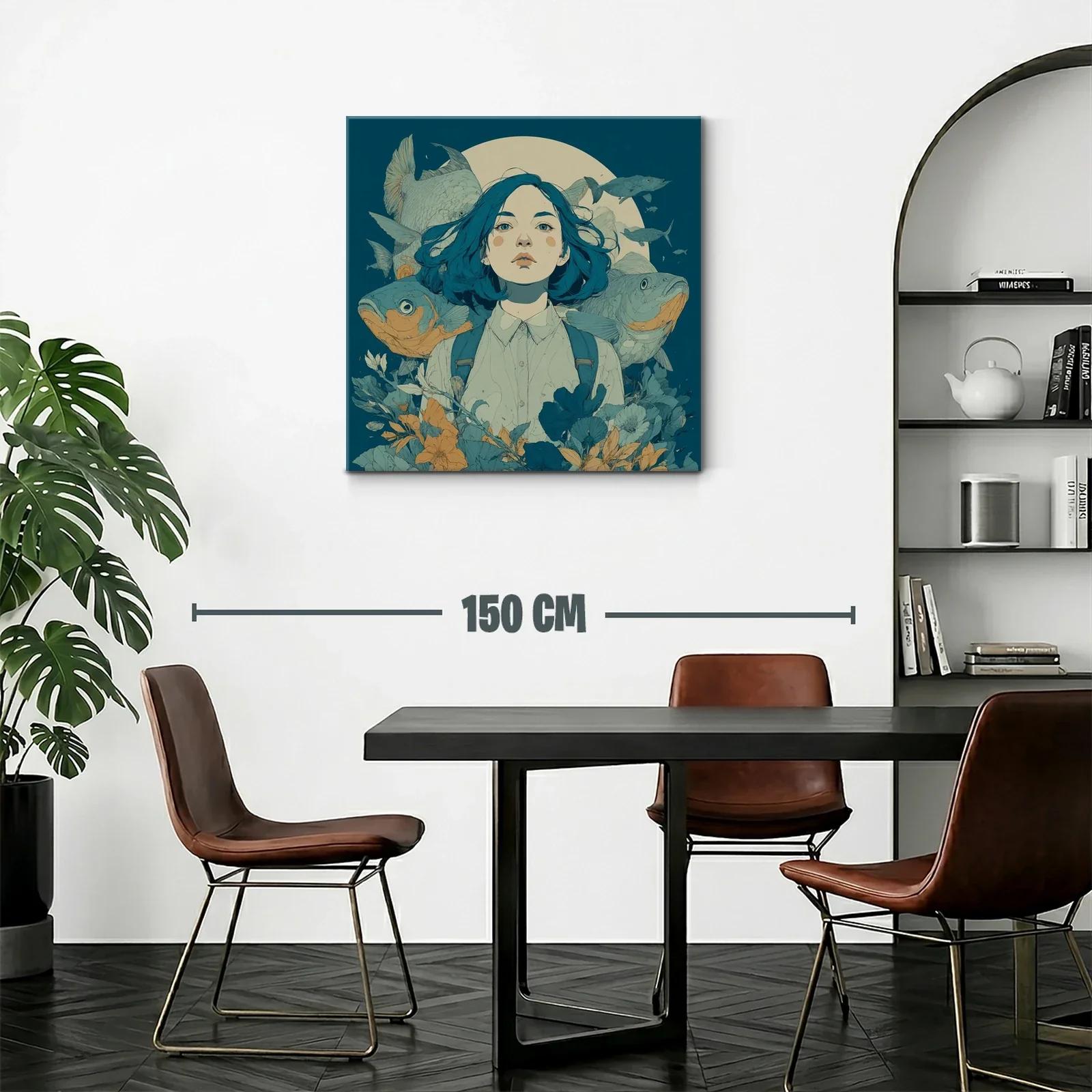 Retrato femenino con peces y flores en tonos azulados — miniatura 2