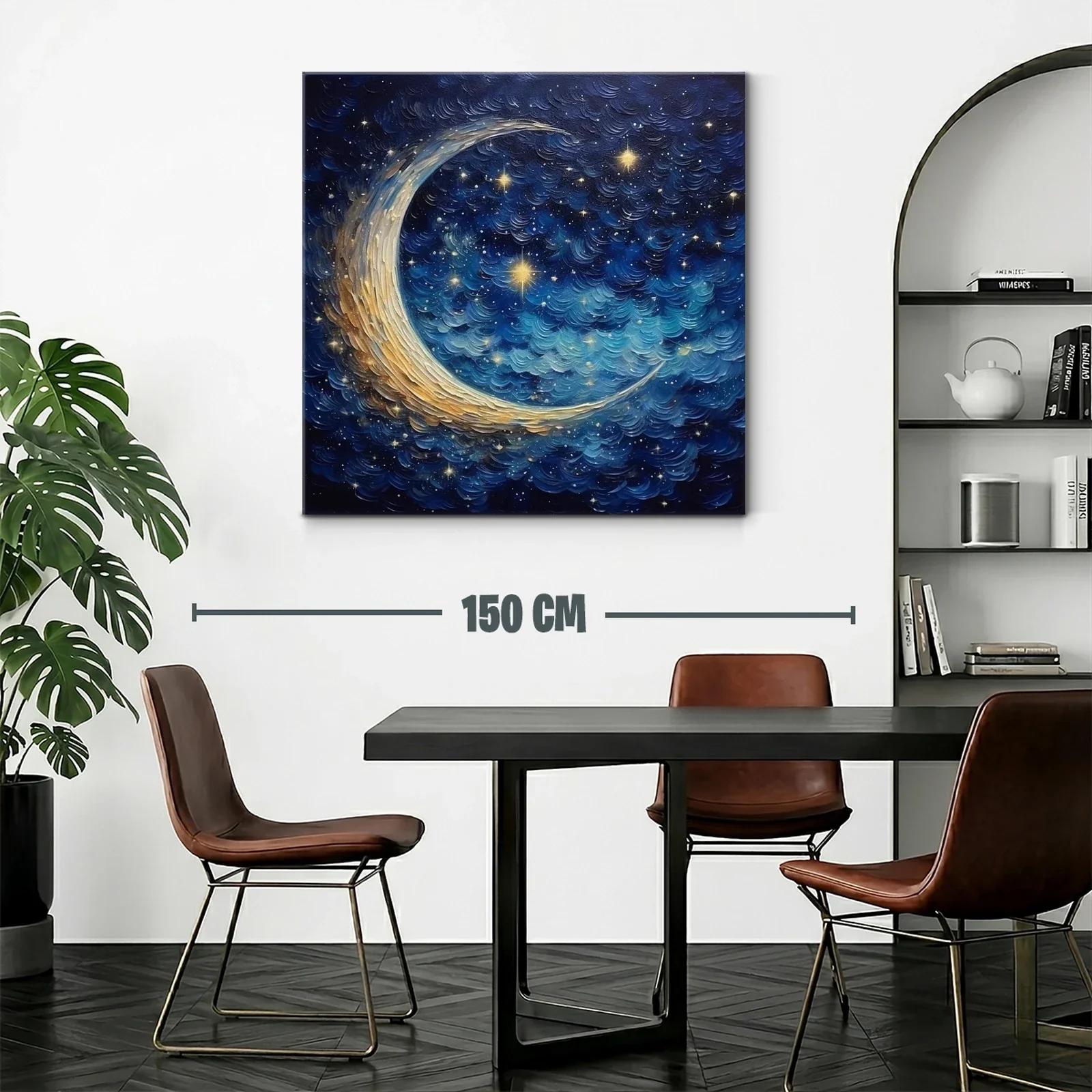 Cielo estrellado con luna creciente en tonos azul y dorado — miniatura 2