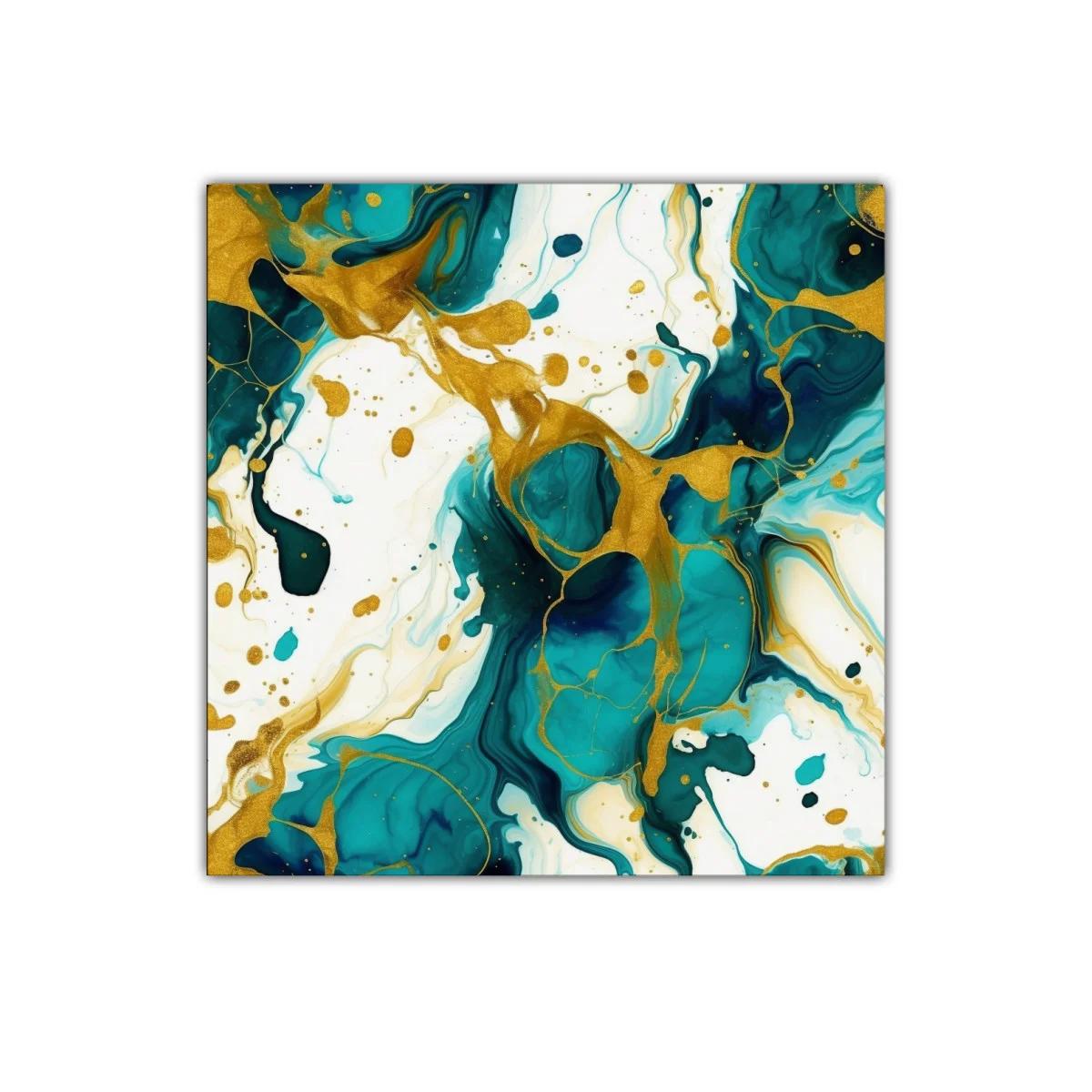 Cuadro abstracto con tonos turquesa y dorados vibrantes