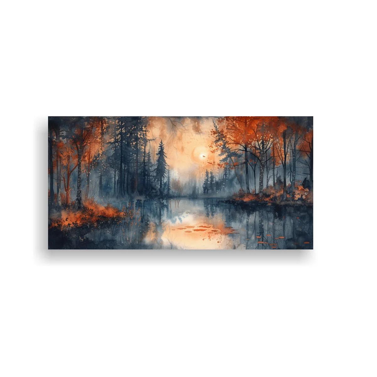 Cuadro bosque otoñal junto a un lago con luz brillante — imagen principal