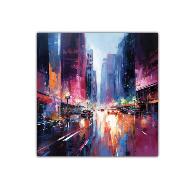 Ciudad vibrante al atardecer con reflejos intensos