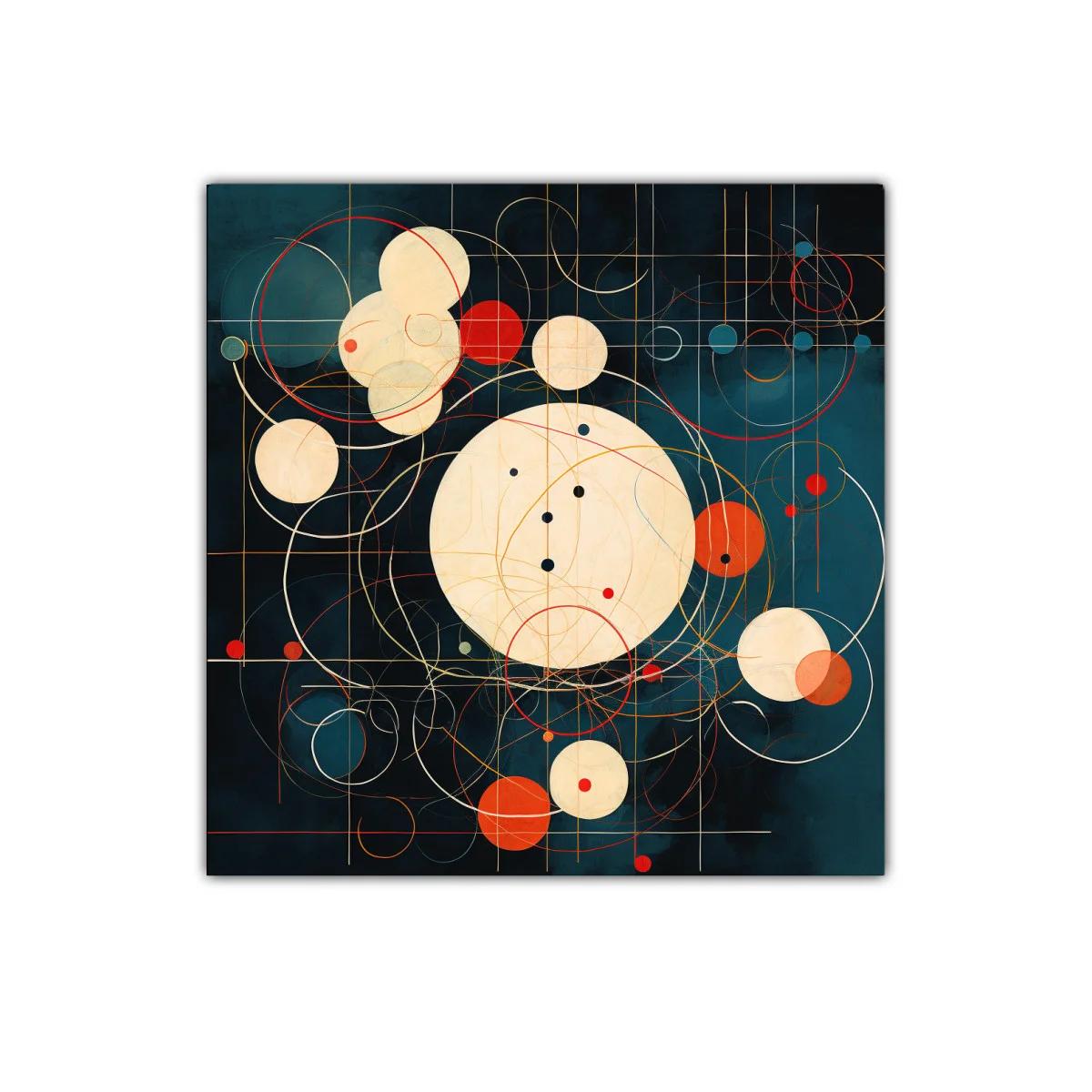 Cuadro abstracto con esferas y líneas entrelazadas en tonos intensos