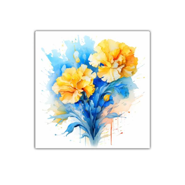 Colorido ramo floral en tonos azules y amarillos vibrantes