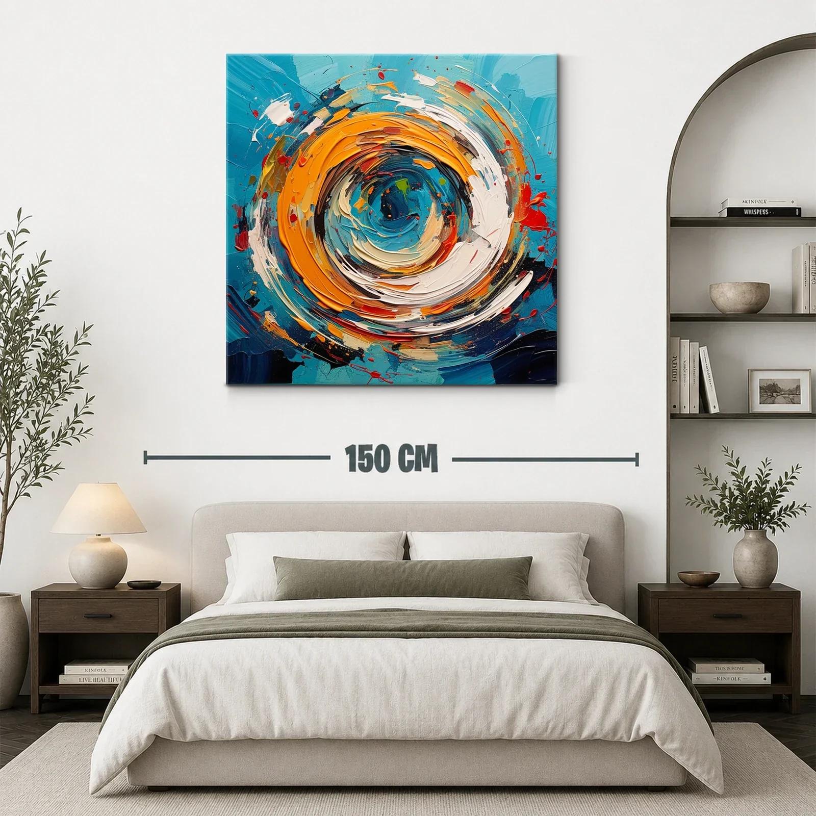Cuadro abstracto con remolino en tonos azules y naranjas vivos — miniatura 3