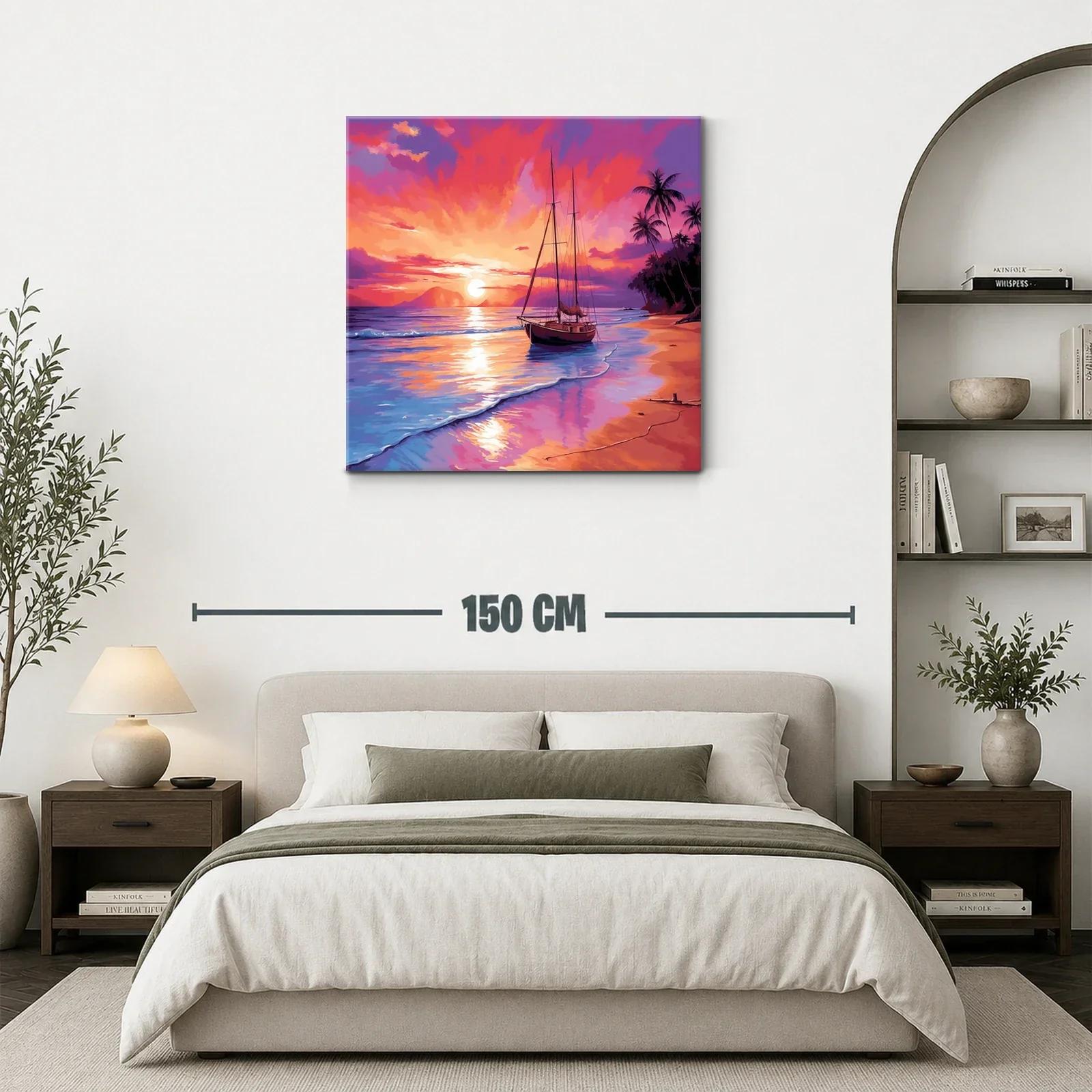Atardecer vibrante con velero y palmeras en la playa — miniatura 3