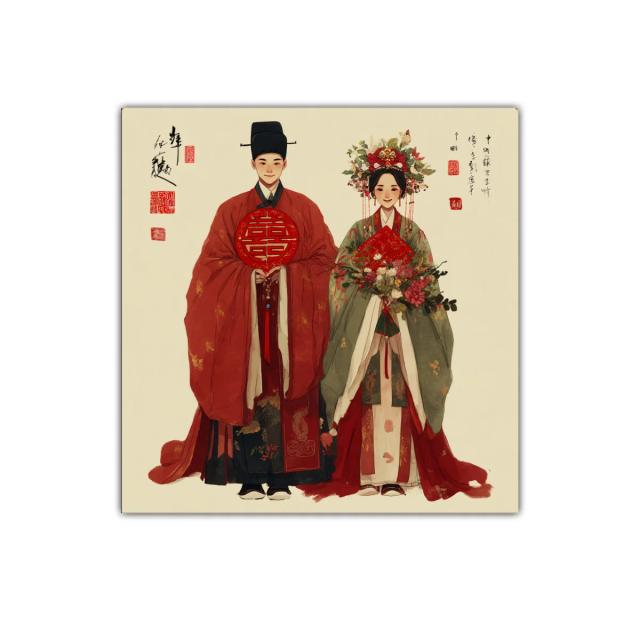 Pareja Tradicional China en Vestimenta Nupcial Clásica