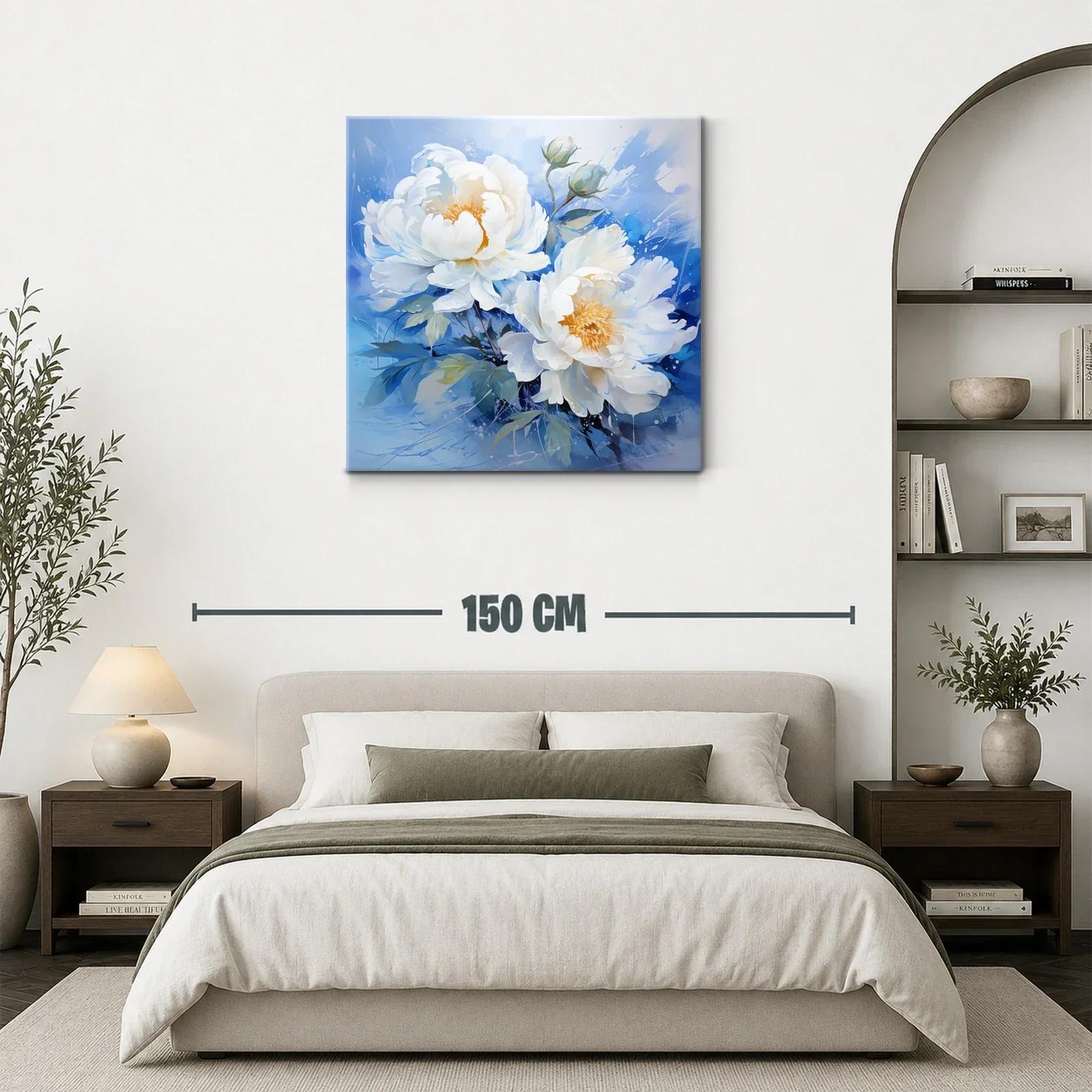 Cuadro floral con peonías blancas sobre fondo azul — miniatura 3
