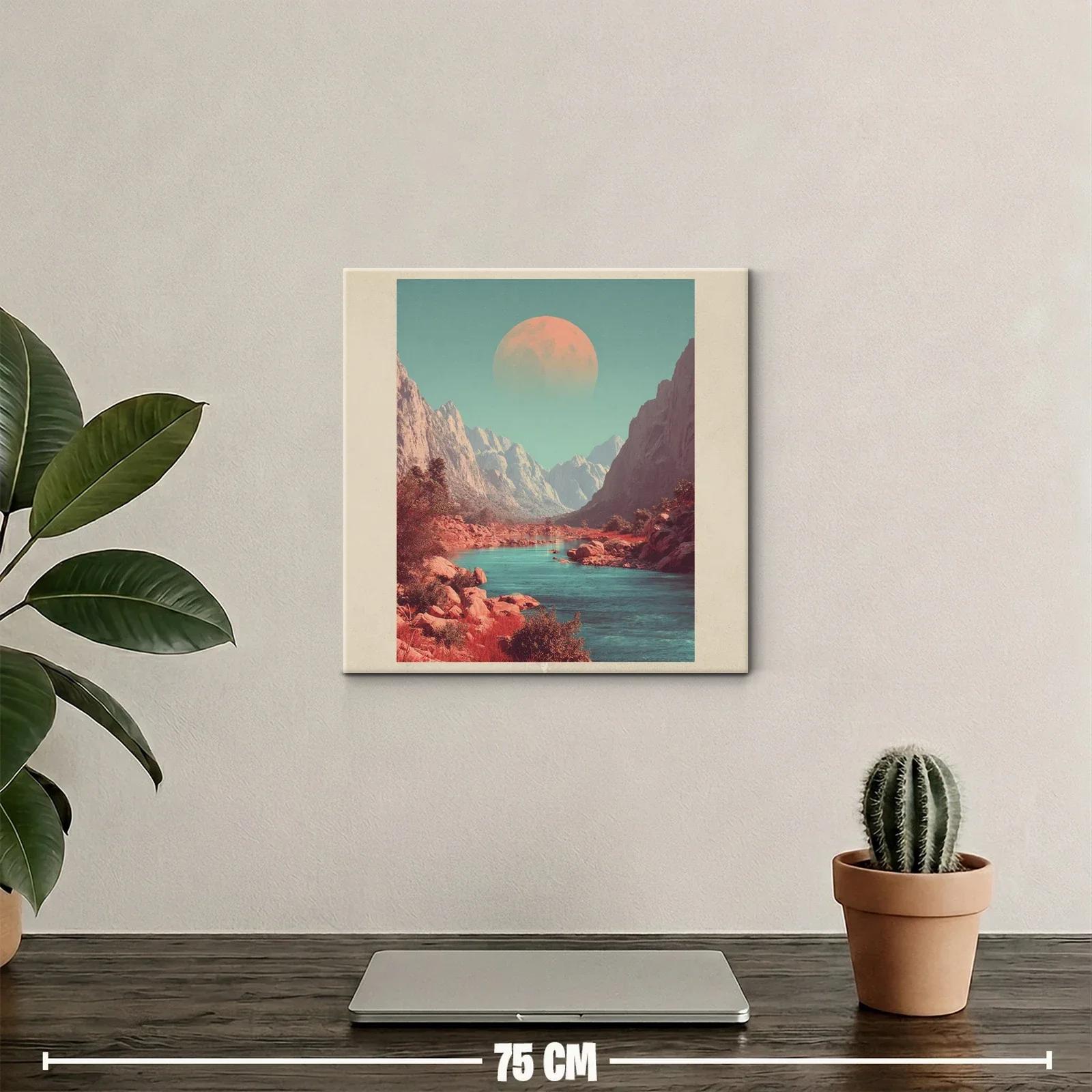 Paisaje montañoso con río y luna en tonos cálidos y fríos — miniatura 2