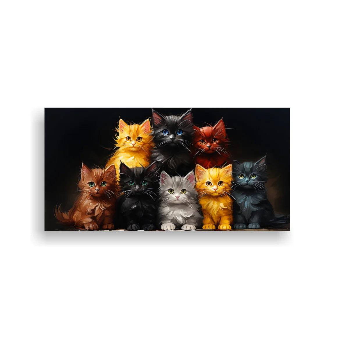 Cuadro grupo de gatos de colores con figura negra al fondo