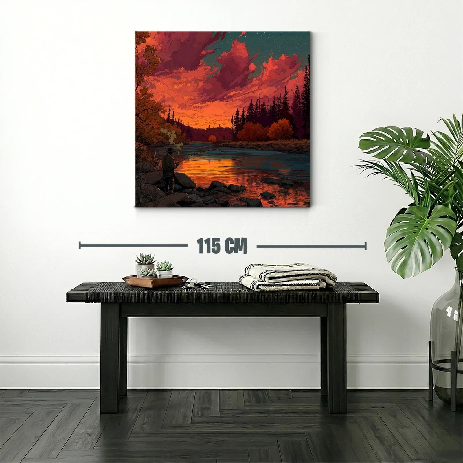 Puesta de sol vibrante en río con pescador solitario — miniatura 2