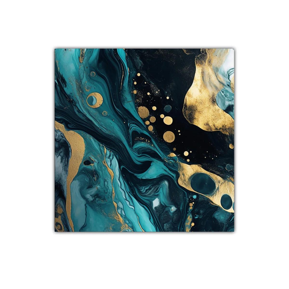 Cuadro abstracto con tonos turquesa y dorado vibrante