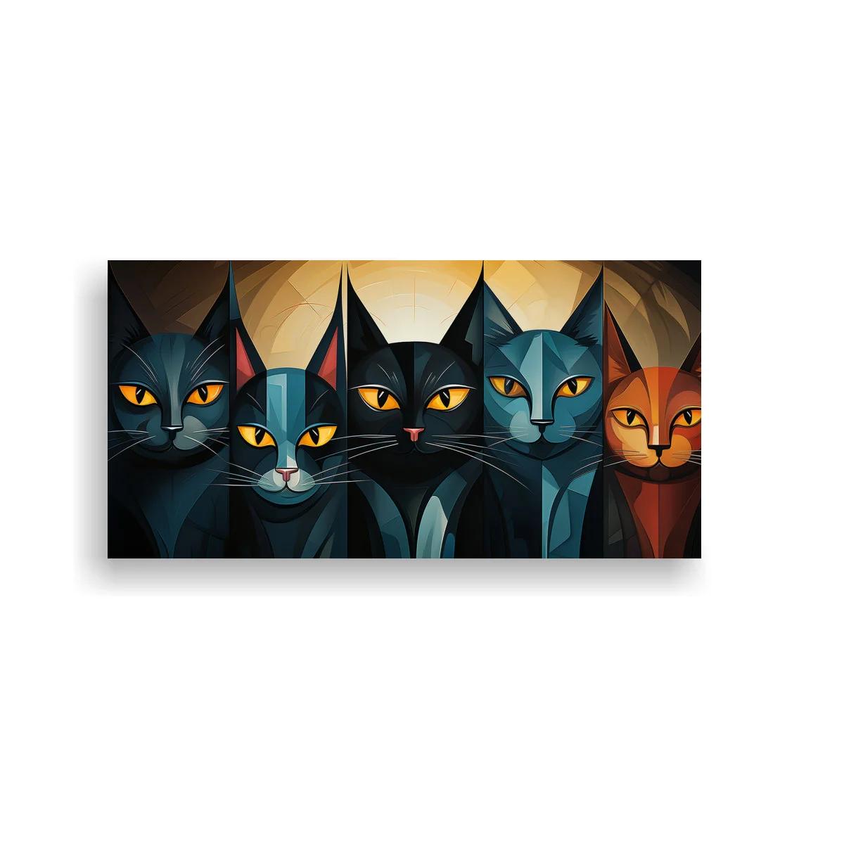Cuadro cinco gatos con planos geométricos