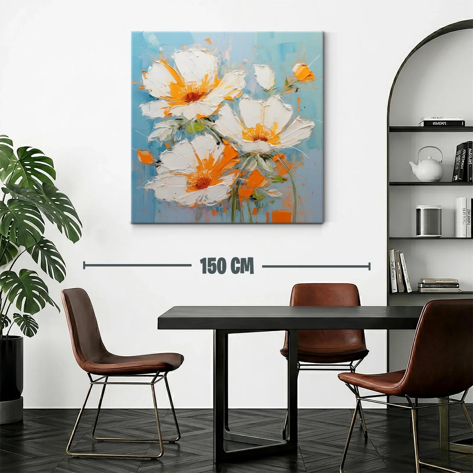Cuadro con flores blancas y detalles naranjas sobre fondo azul — miniatura 2