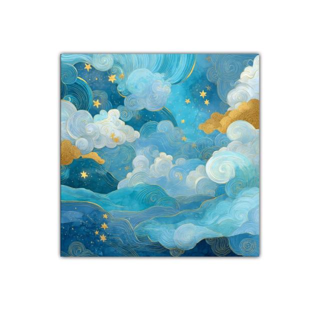 Cuadro abstracto de cielo estrellado con nubes doradas