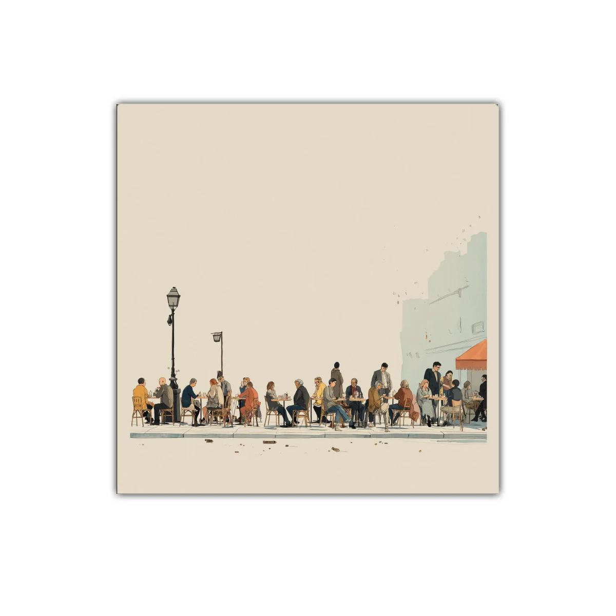 Escena urbana con gente en terraza de café al aire libre