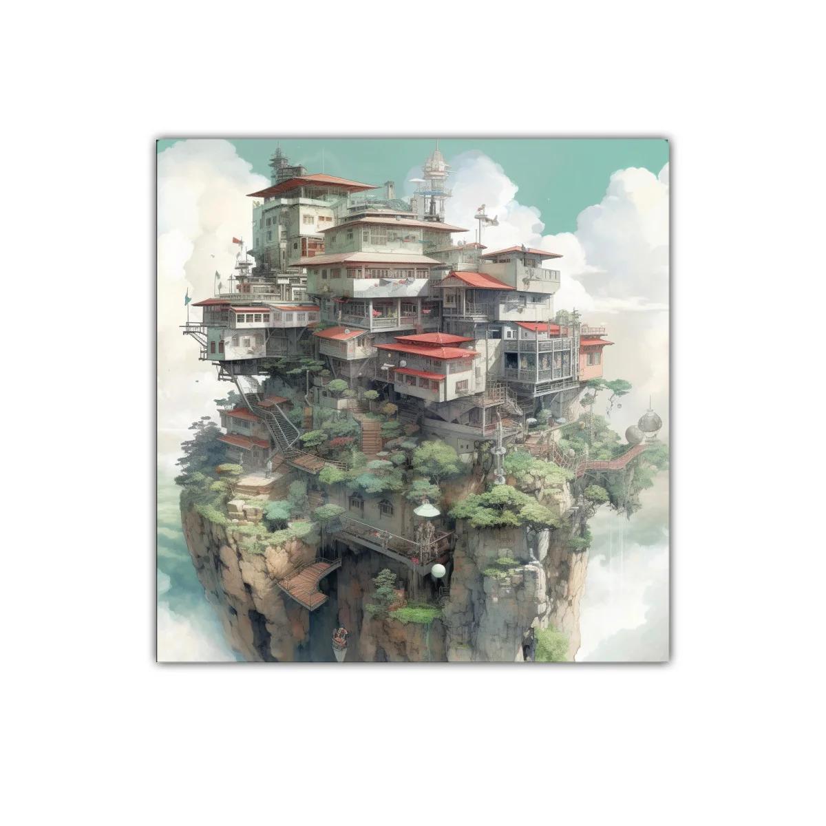 Escenario flotante con casas en tonos verdes y rojos — imagen principal