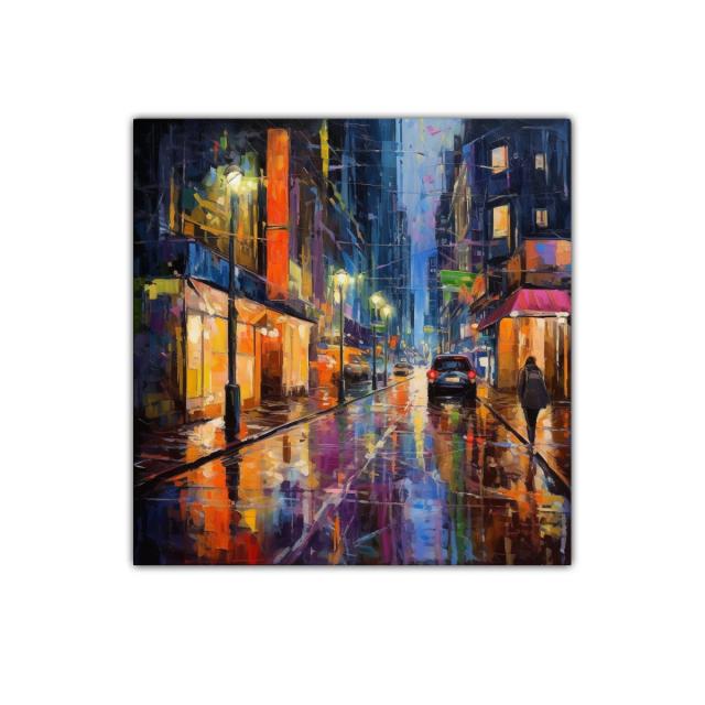 Calle Urbana Nocturna Reflejada en Lluvia Vibrante