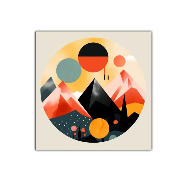 Paisaje geométrico vibrante con montañas y esferas coloridas