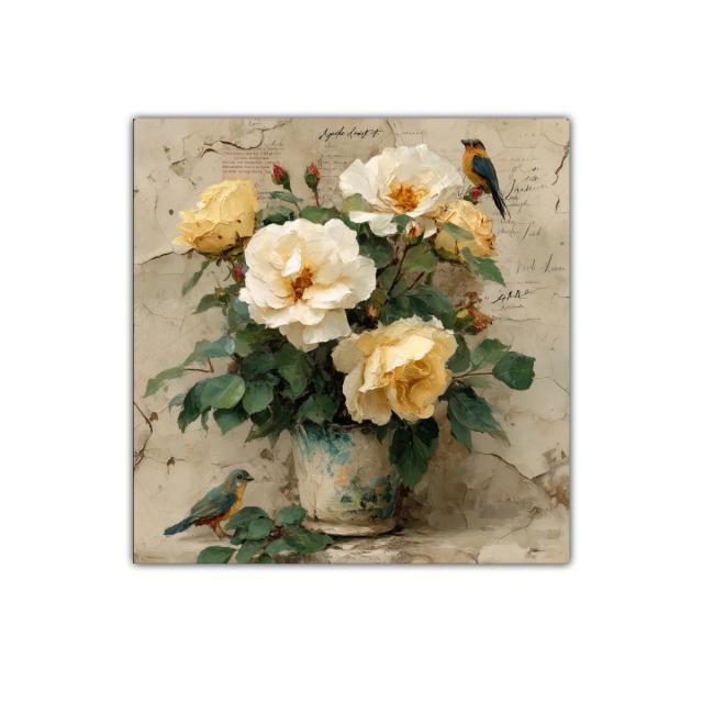 Flores amarillas y pájaros en estilo vintage elegante