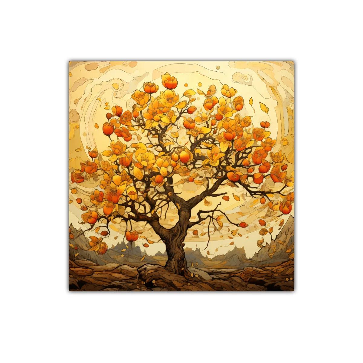 Cuadro decorativo árbol con flores en tonos cálidos y dorados — imagen principal