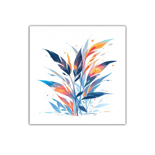 Cuadro decorativo de hojas en tonos azul y naranja vibrante