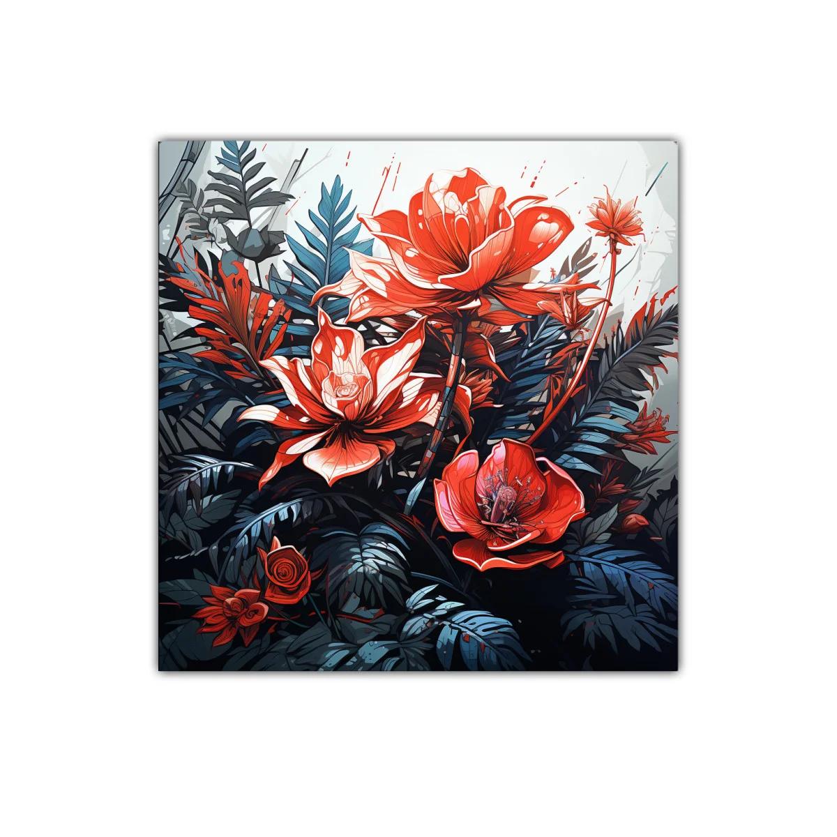 Cuadro vibrante con flores rojas y hojas azuladas