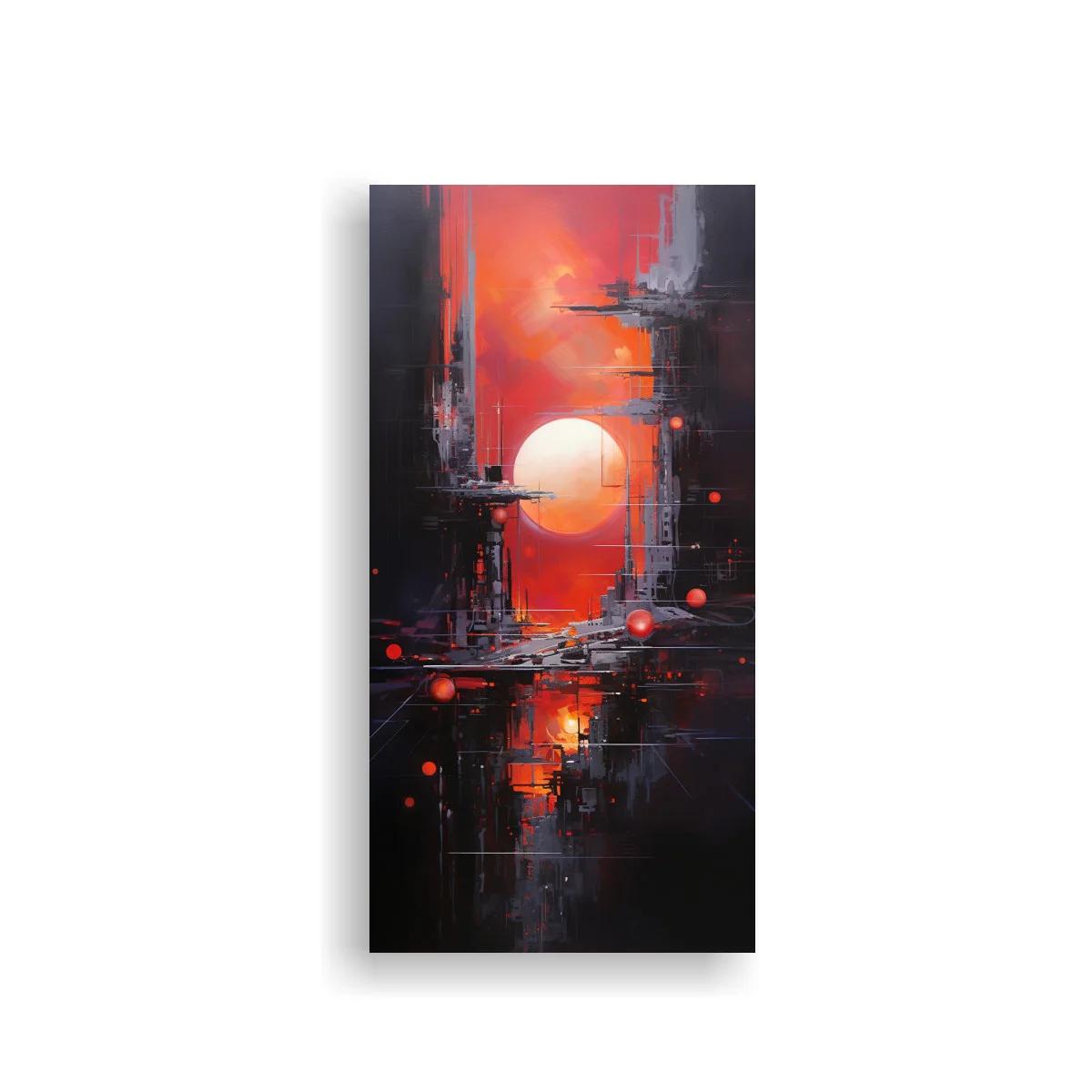Cuadro sol rojo sobre ciudad futurista con reflejos intensos