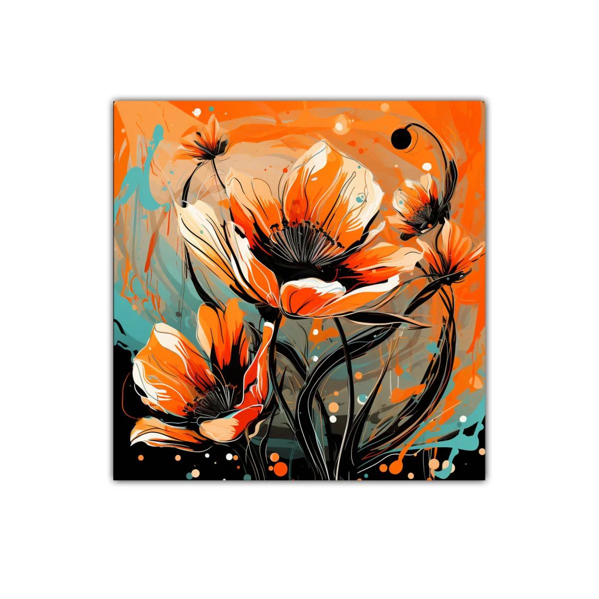 Cuadro con flores vibrantes en tonos naranja y azul