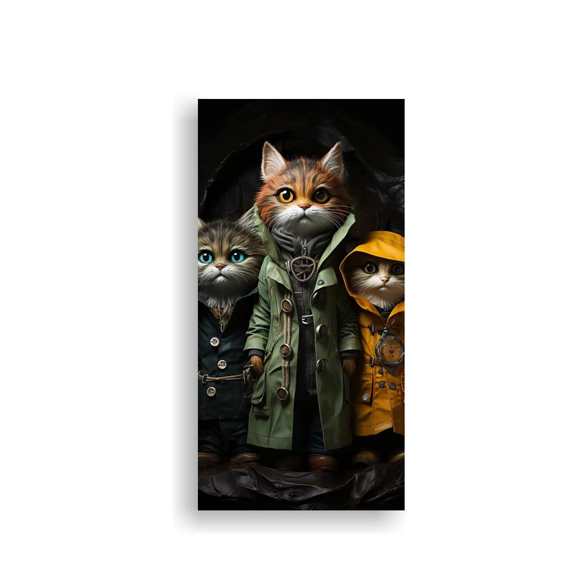 Cuadro tres gatos con gabardinas y botones — imagen principal