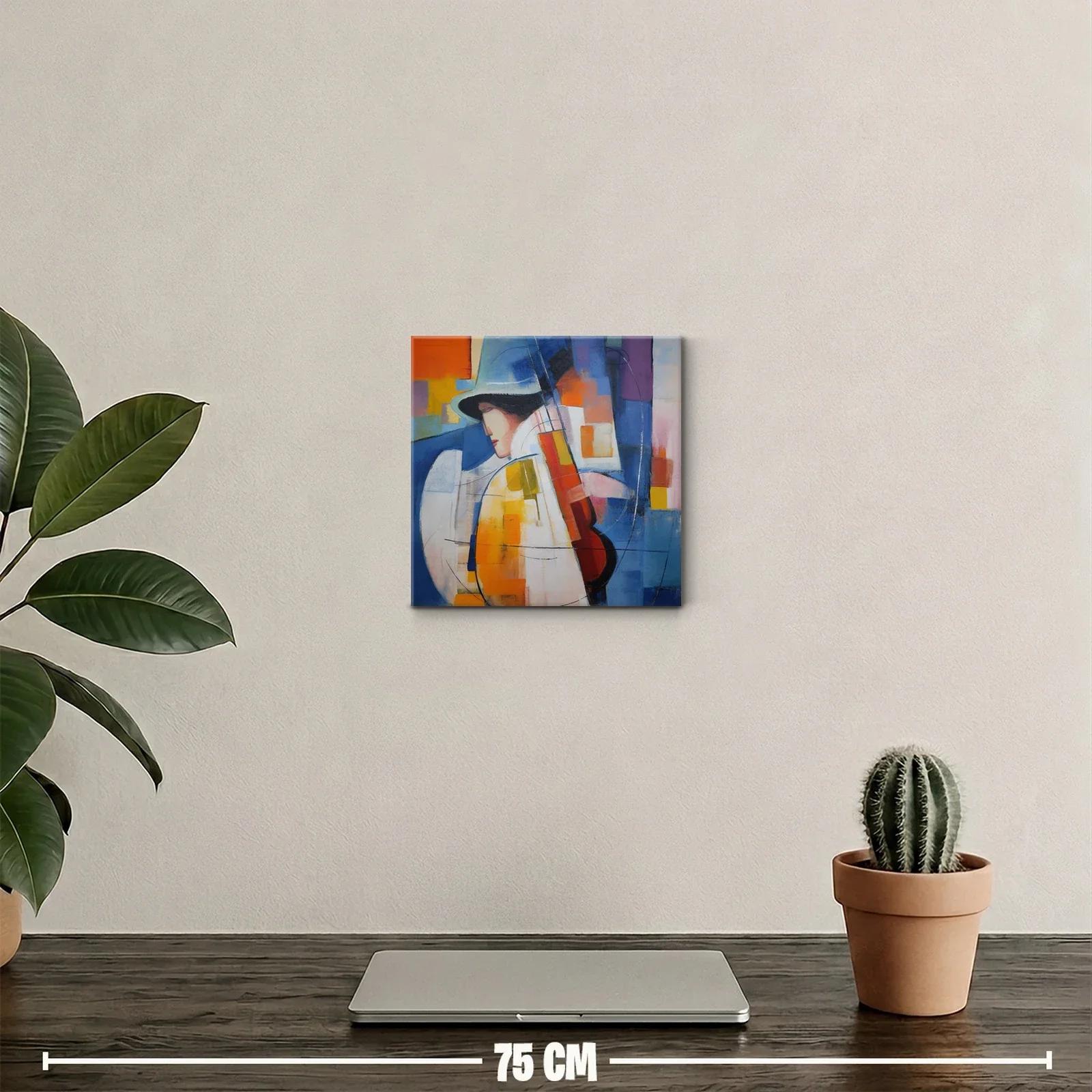 Cuadro abstracto con músico y paleta vibrante azul y naranja — miniatura 2