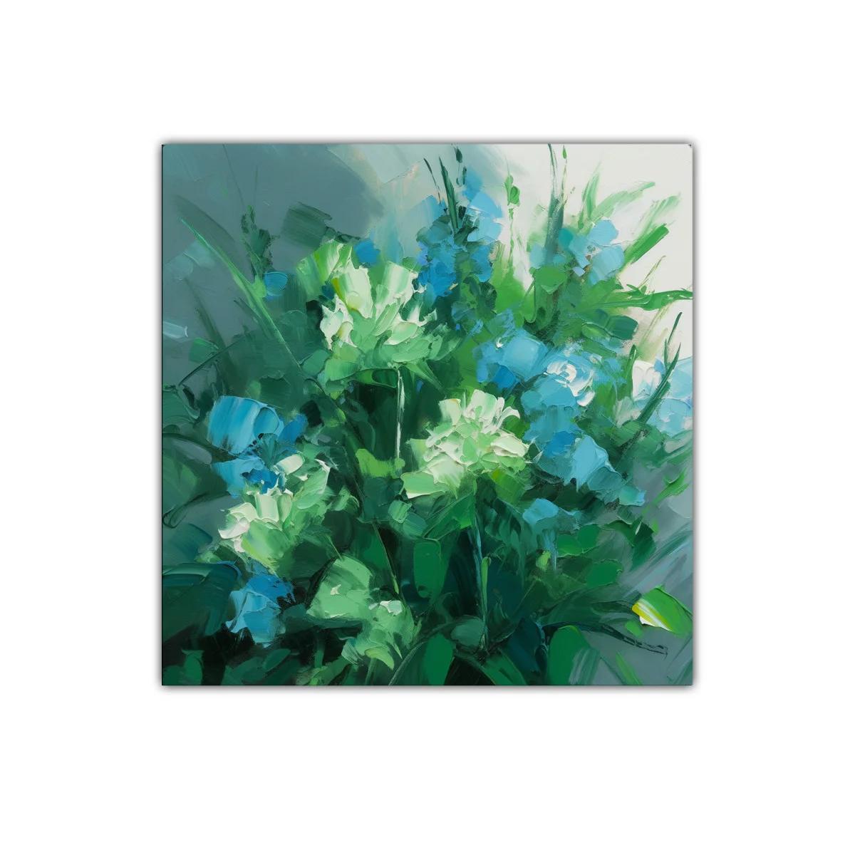 Cuadro floral con tonos verdes y azules vibrantes