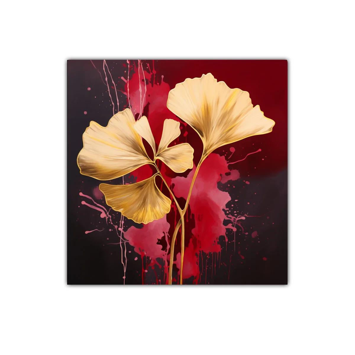 Elegancia dorada con hojas abstractas sobre fondo rojo intenso — imagen principal