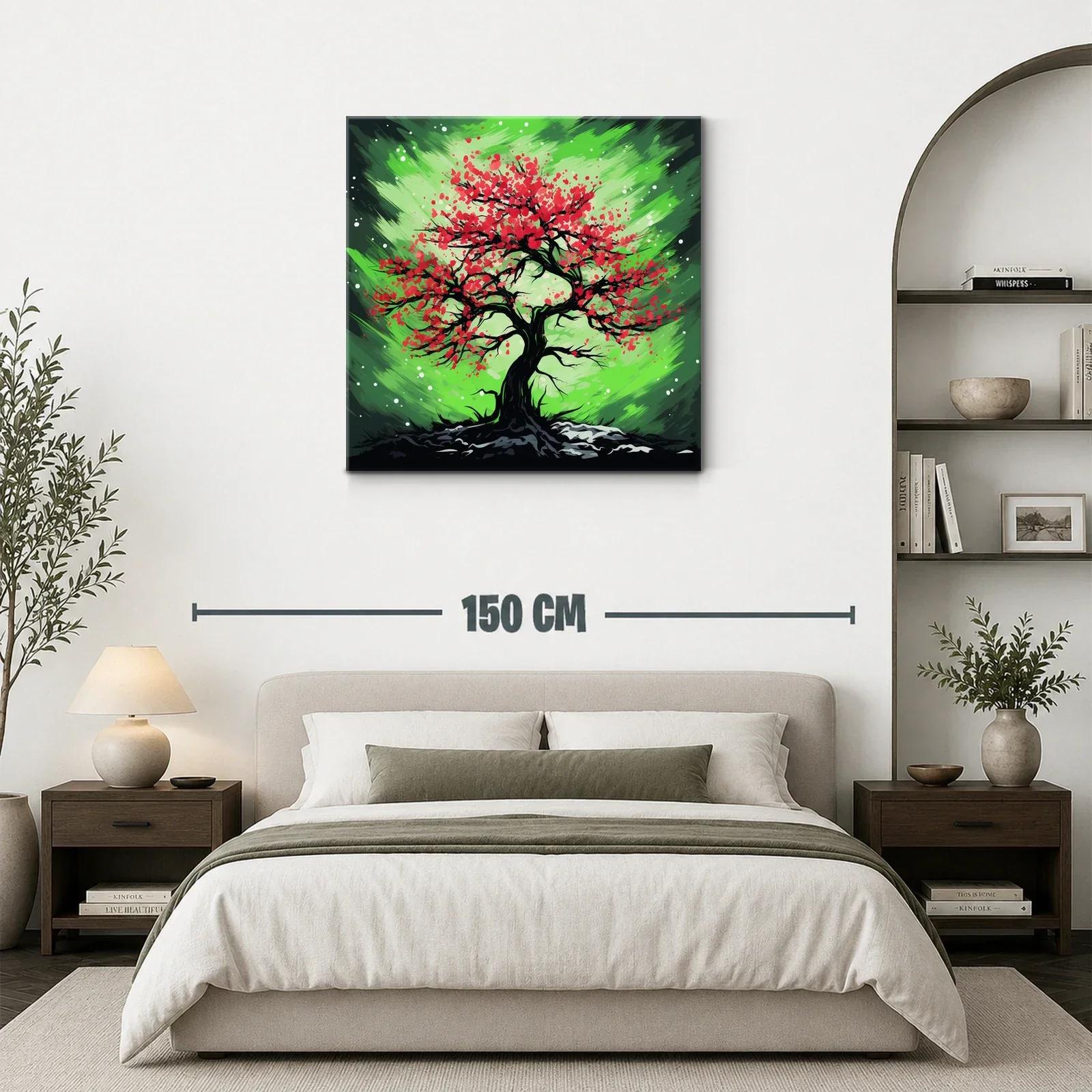 Árbol vibrante con flores rojas sobre fondo verde dinámico — miniatura 3