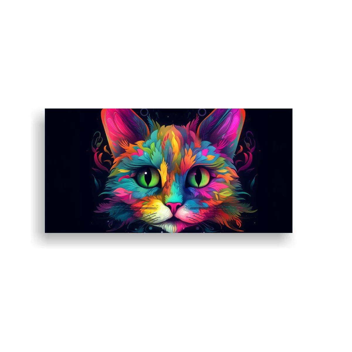 Cuadro cara de gato multicolor con ojos verdes
