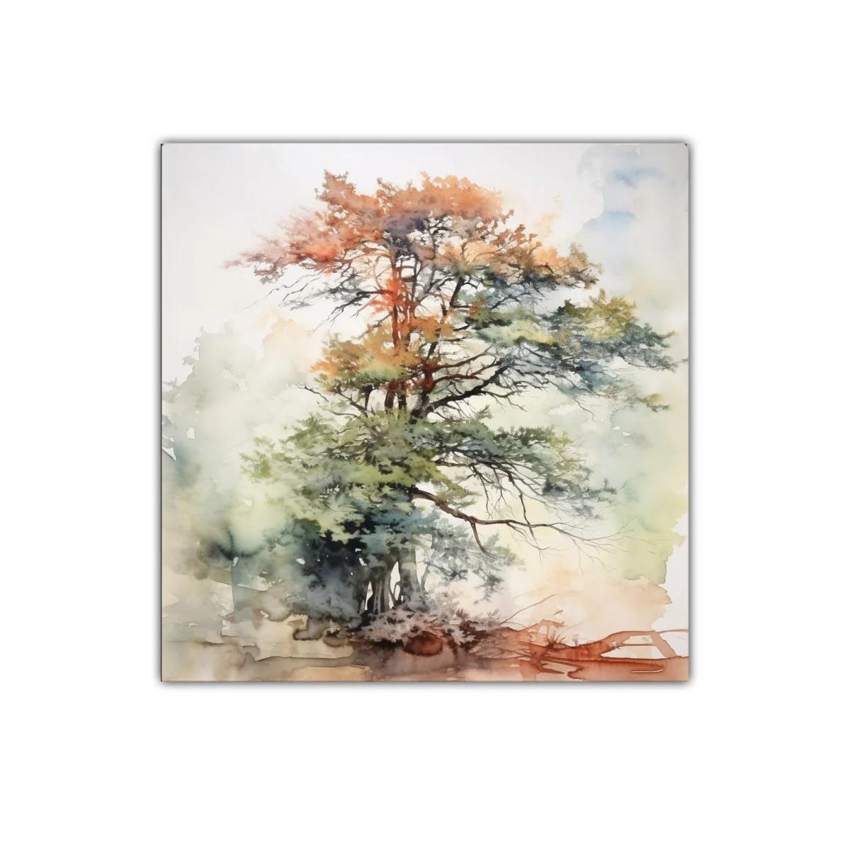 Árbol pintado en suaves tonos otoñales y verdes naturales