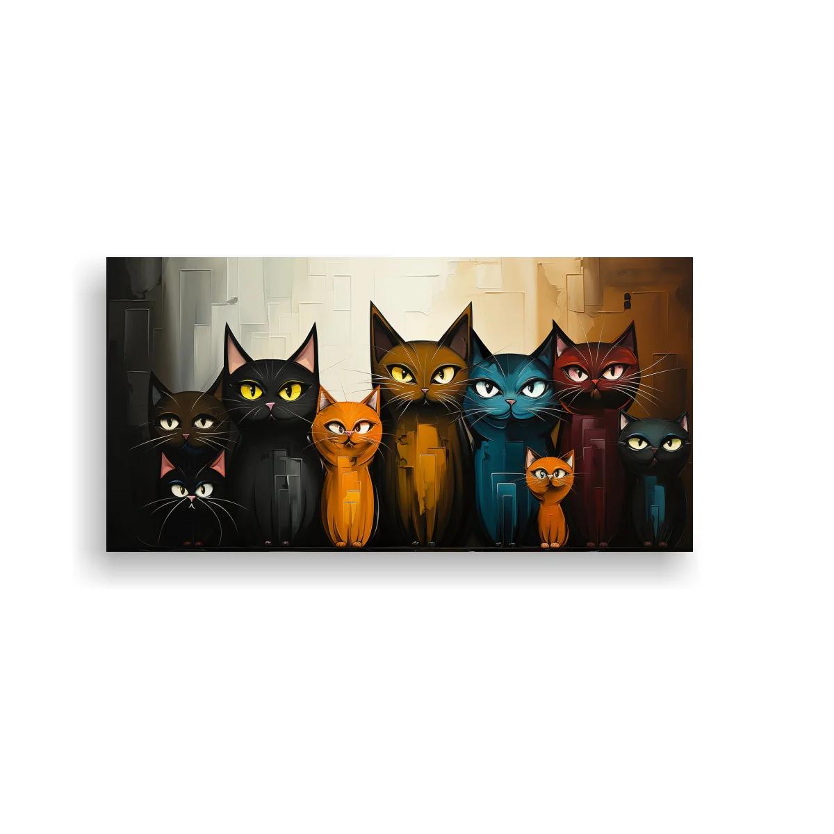 Cuadro grupo de gatos con fondo geométrico