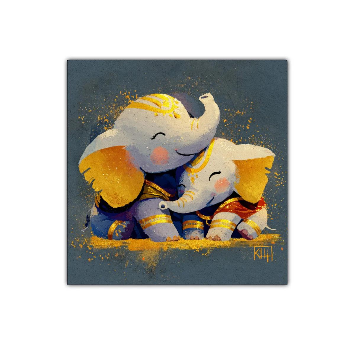 Cuadro decorativo elefantes tiernos con detalles dorados — imagen principal