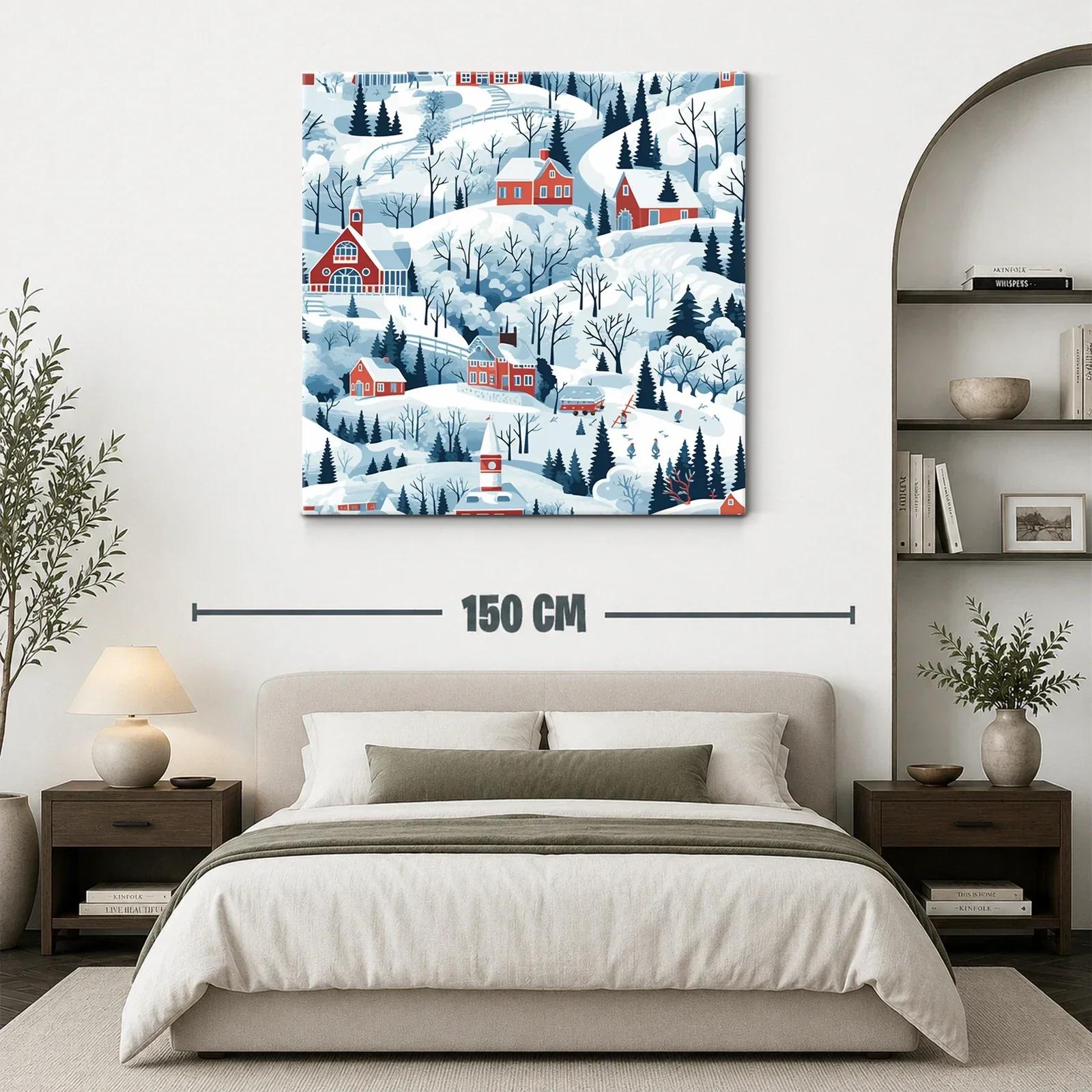 Paisaje invernal con casas rojas en colinas nevadas — miniatura 3