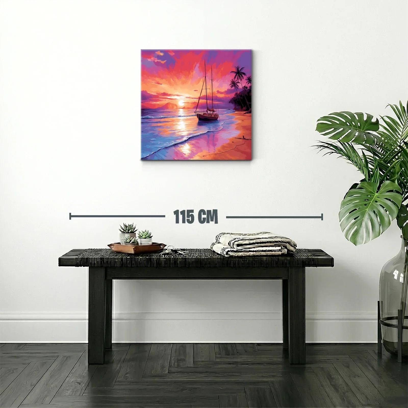 Atardecer vibrante con velero y palmeras en la playa — miniatura 2