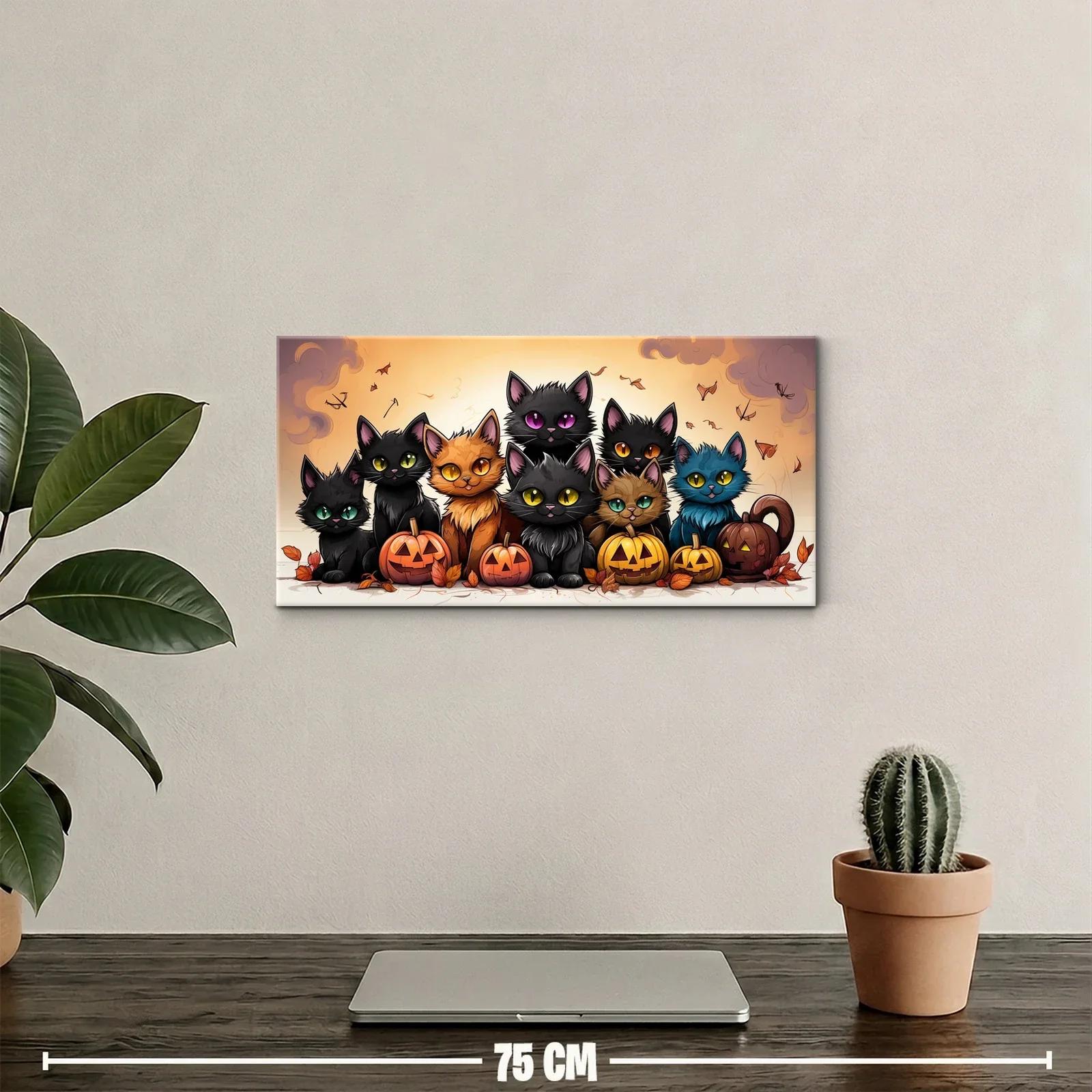 Cuadro gatos alineados con calabazas y murciélagos — miniatura 2