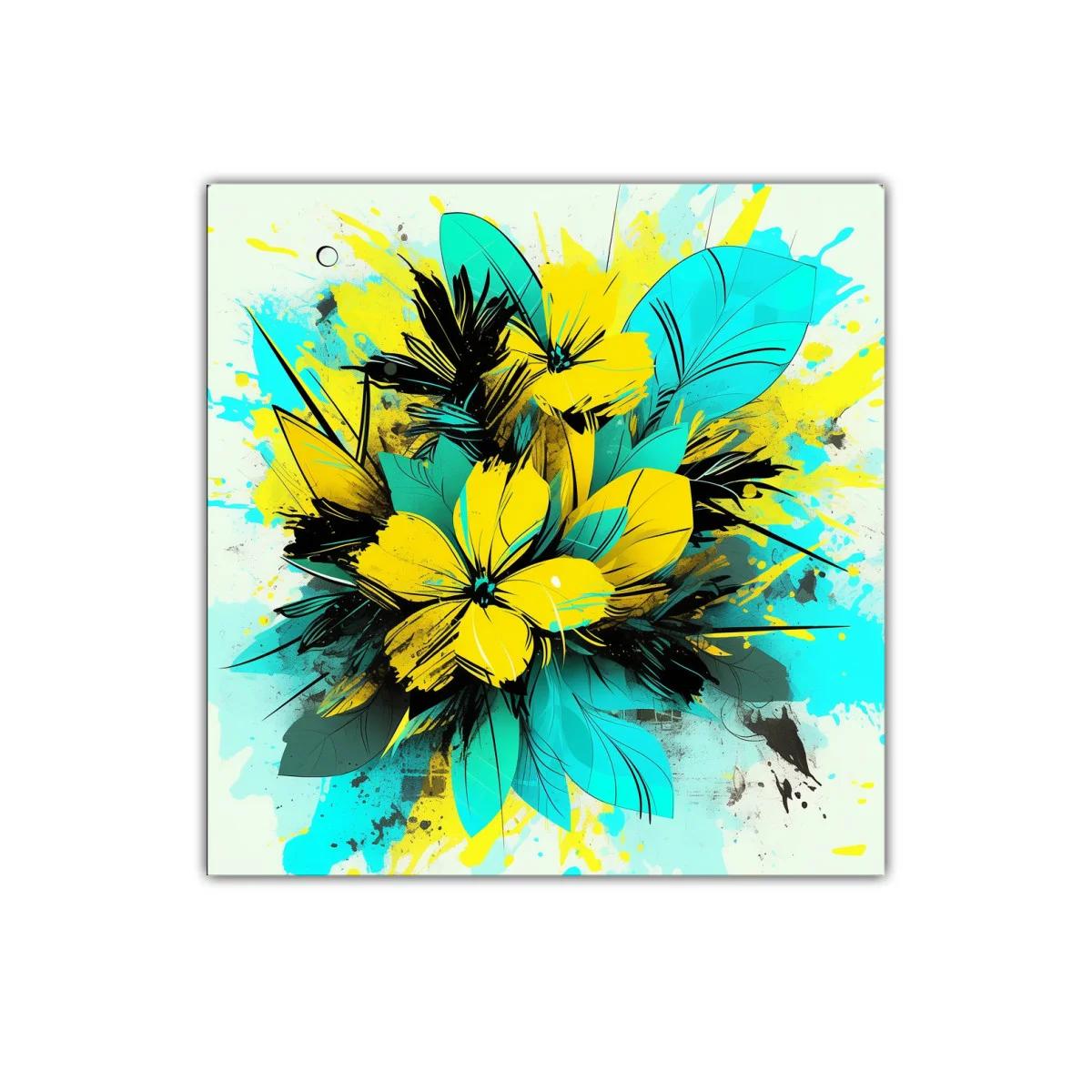Composición de flores vibrantes en tonos turquesa y amarillo