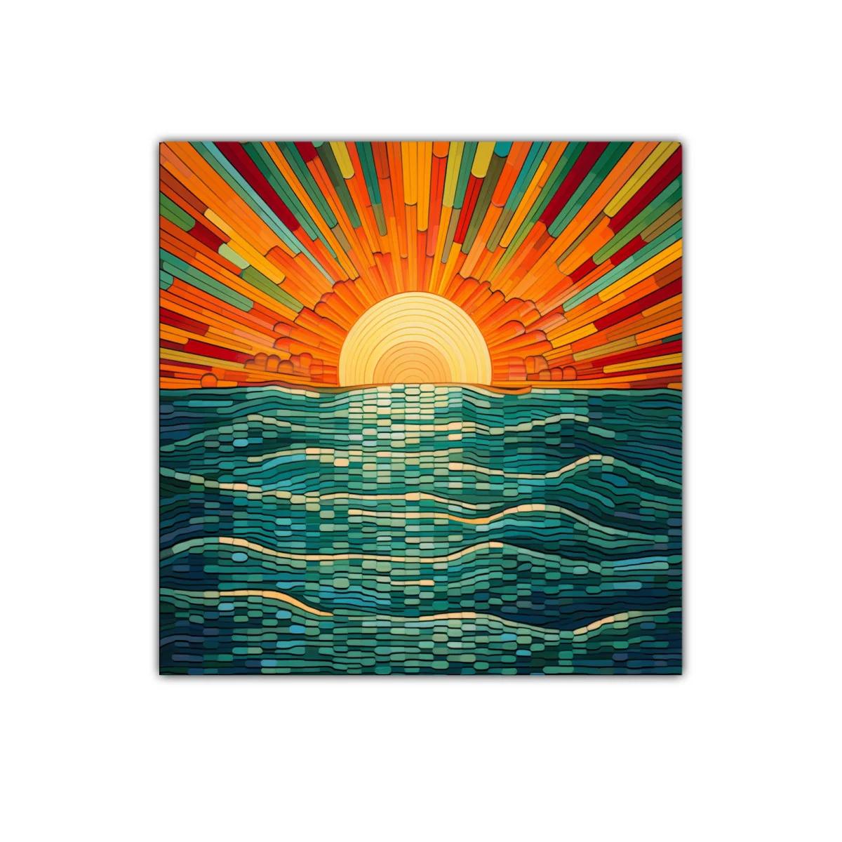 Atardecer vibrante con olas estilizadas en tonos cálidos — imagen principal