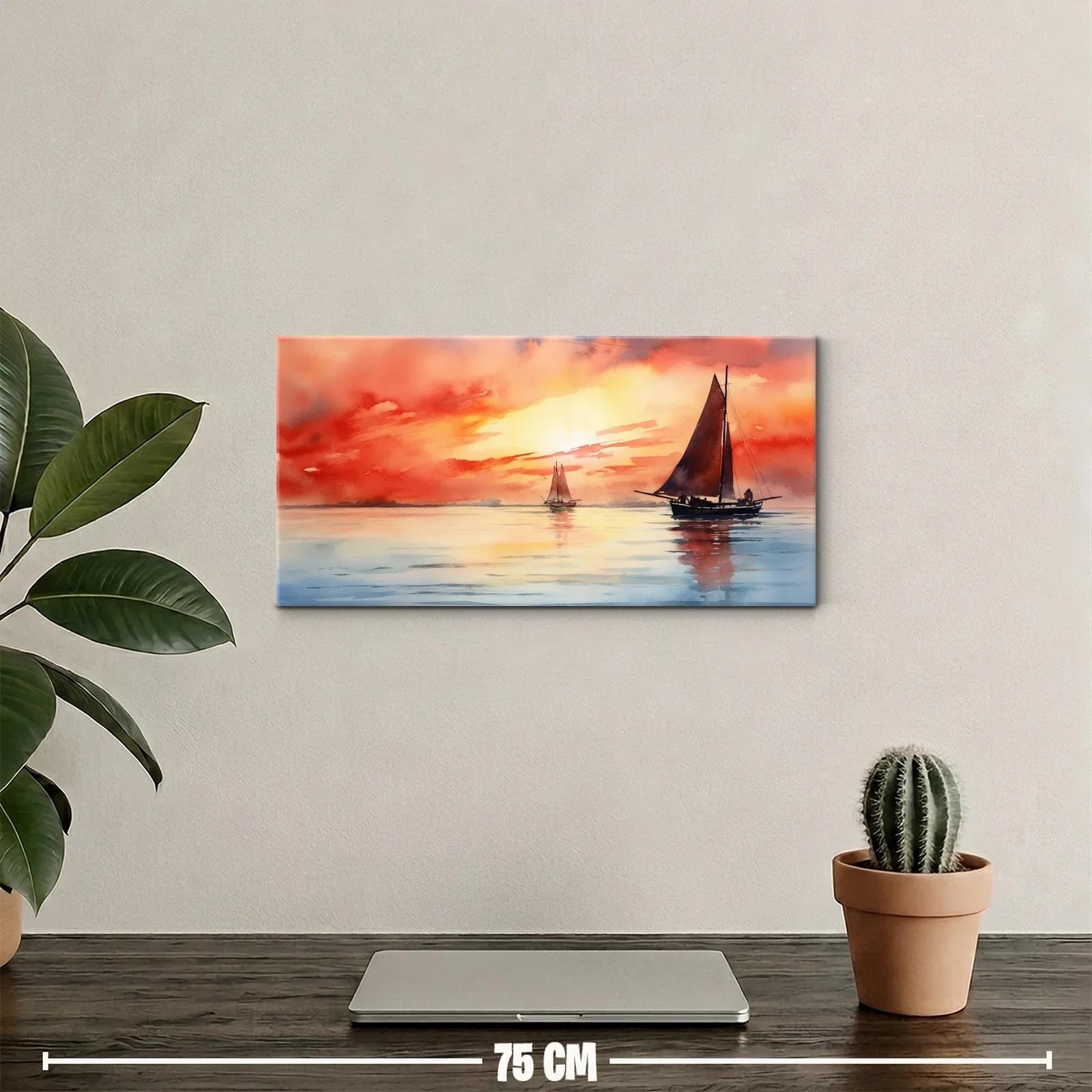 Cuadro velero al atardecer con dos embarcaciones — miniatura 2