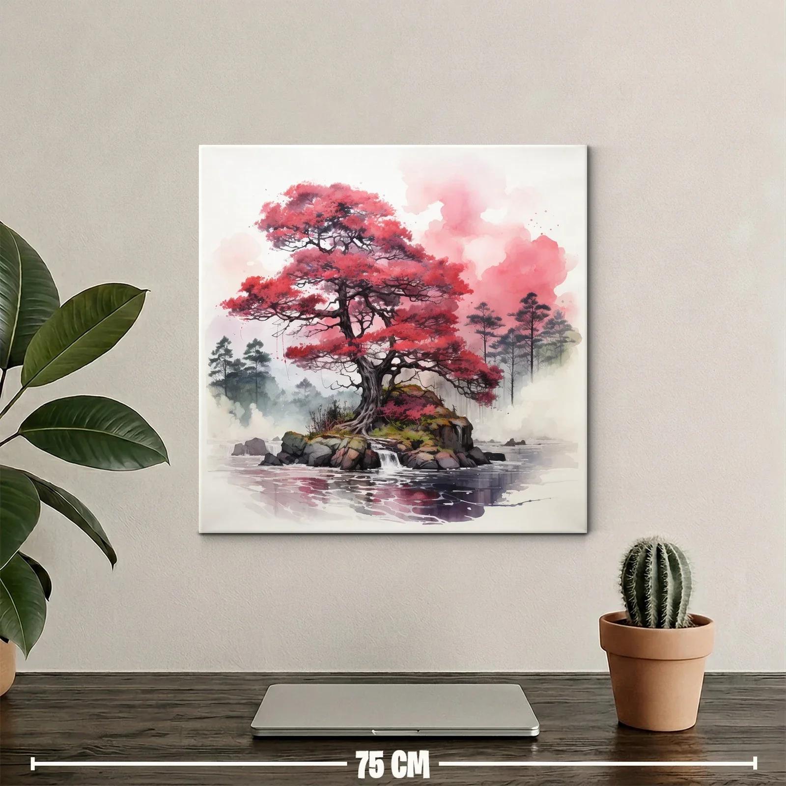 Árbol rojo sobre isla rocosa en lago sereno — miniatura 2