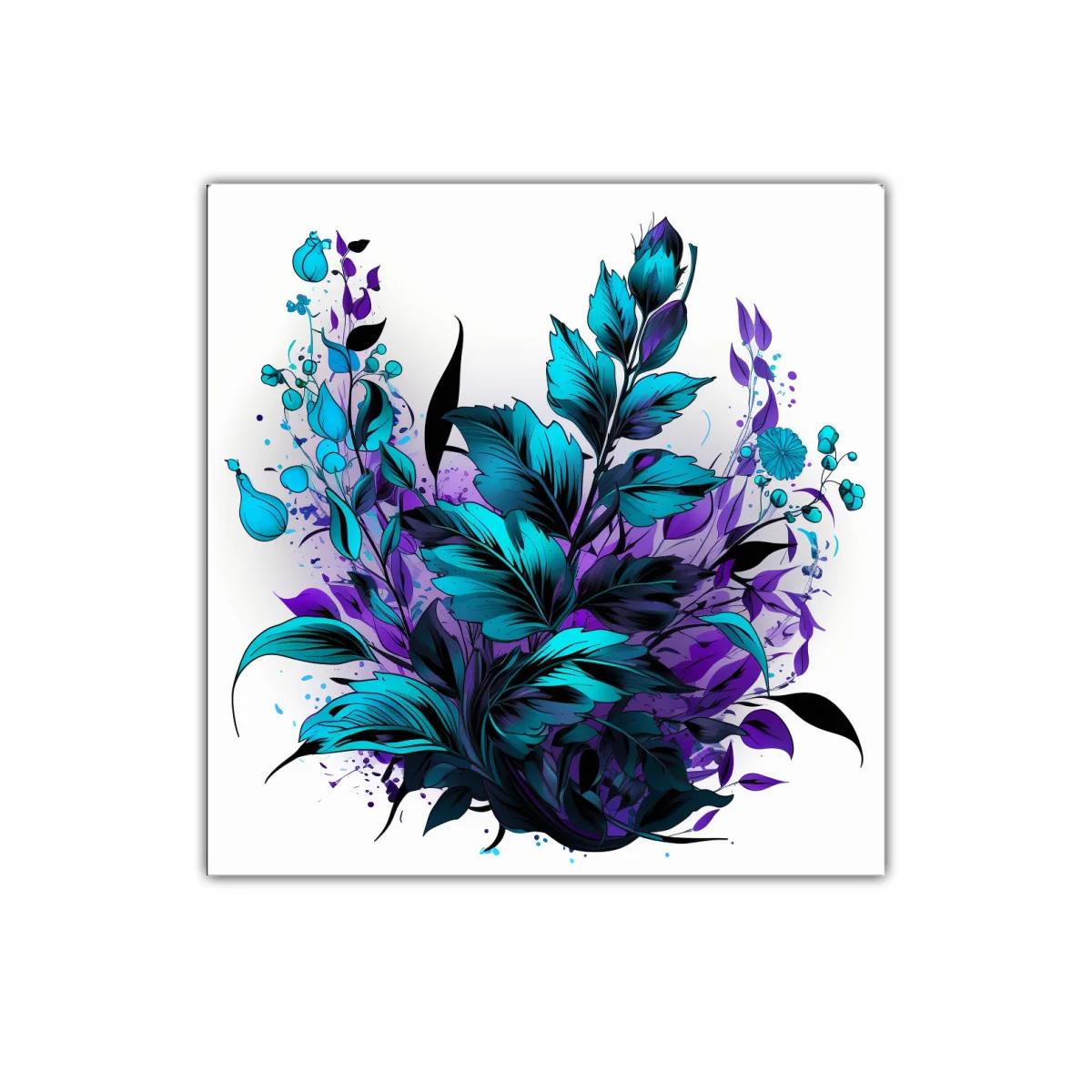 Cuadro floral con hojas en tonos azules y morados vibrantes