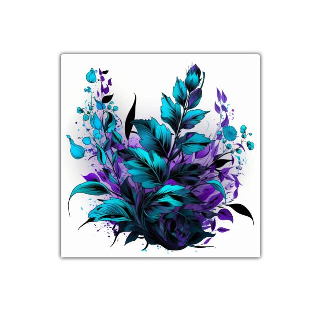 Cuadro floral con hojas en tonos azules y morados vibrantes