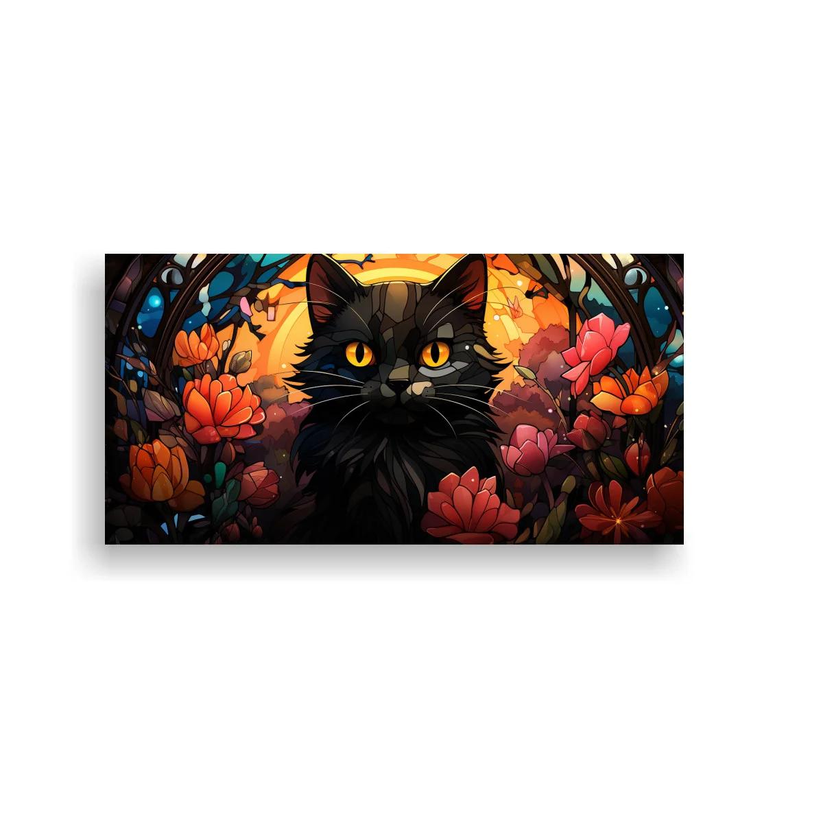 Cuadro gato negro de ojos ámbar rodeado de flores y ramas tipo vitral
