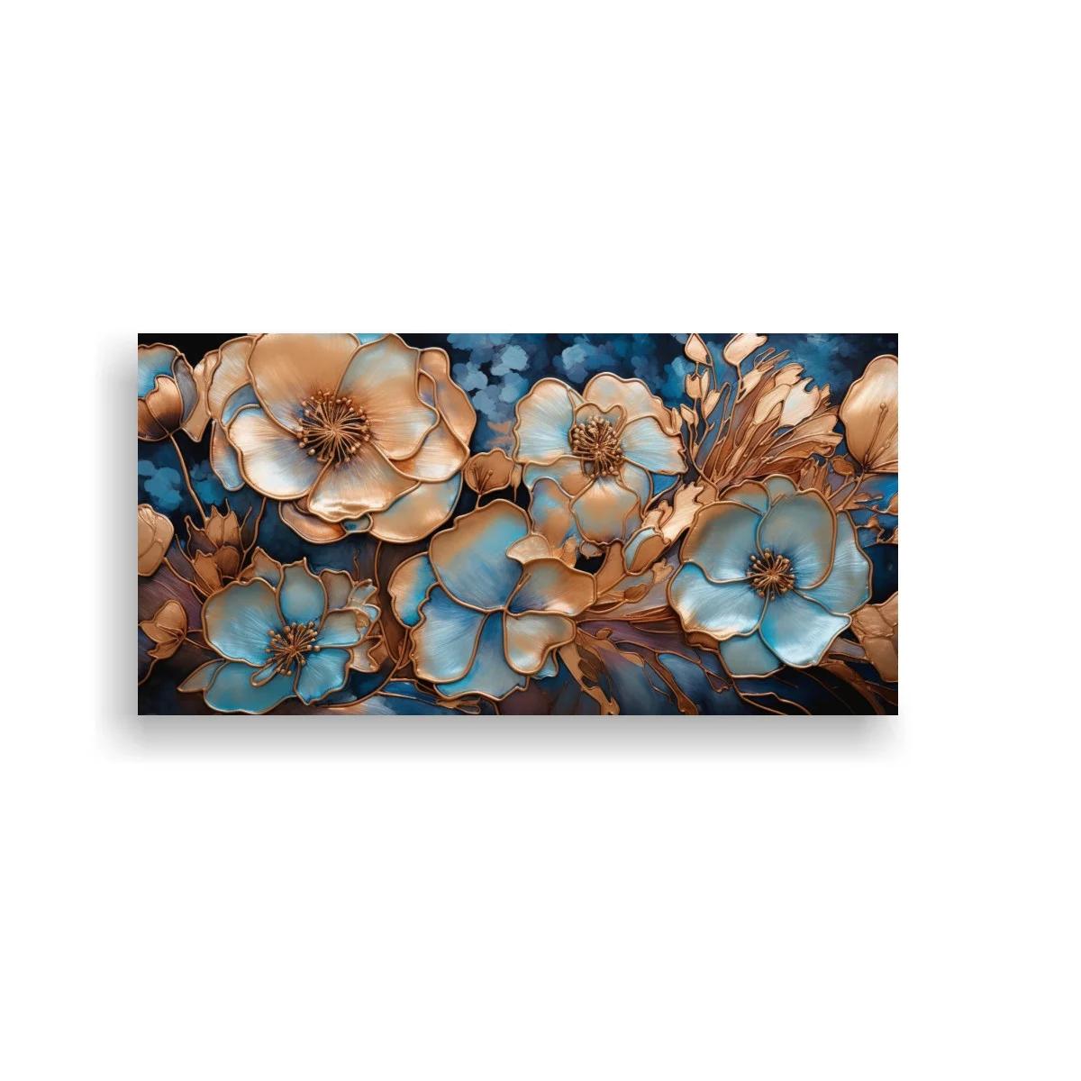Cuadro de flores azules y beige con centros detallados